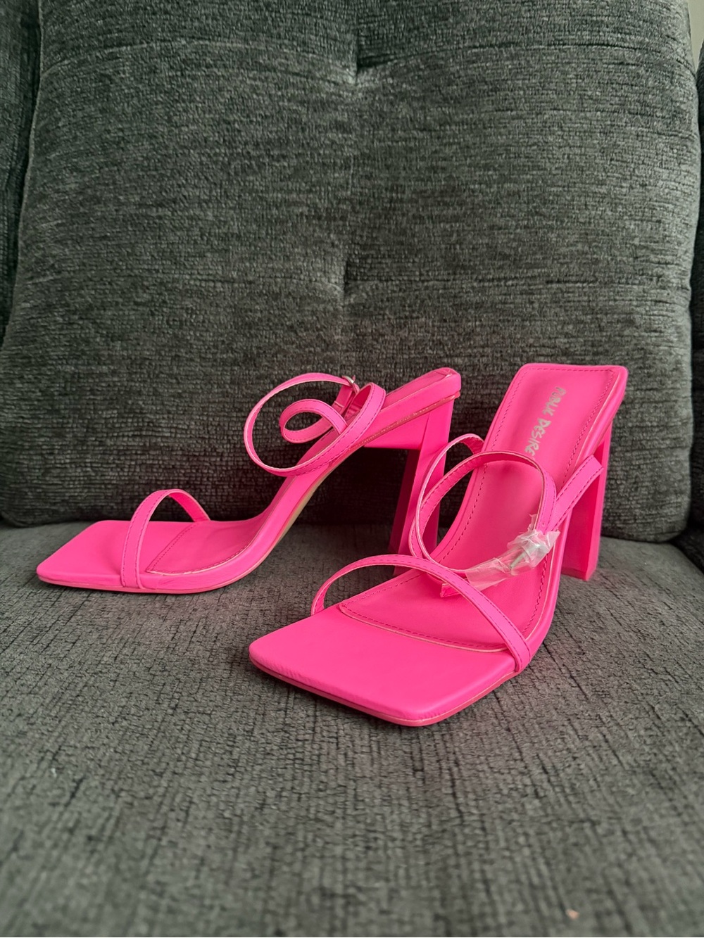 Public Desire Neon Pink Multi-Strap Block Heel Sandals